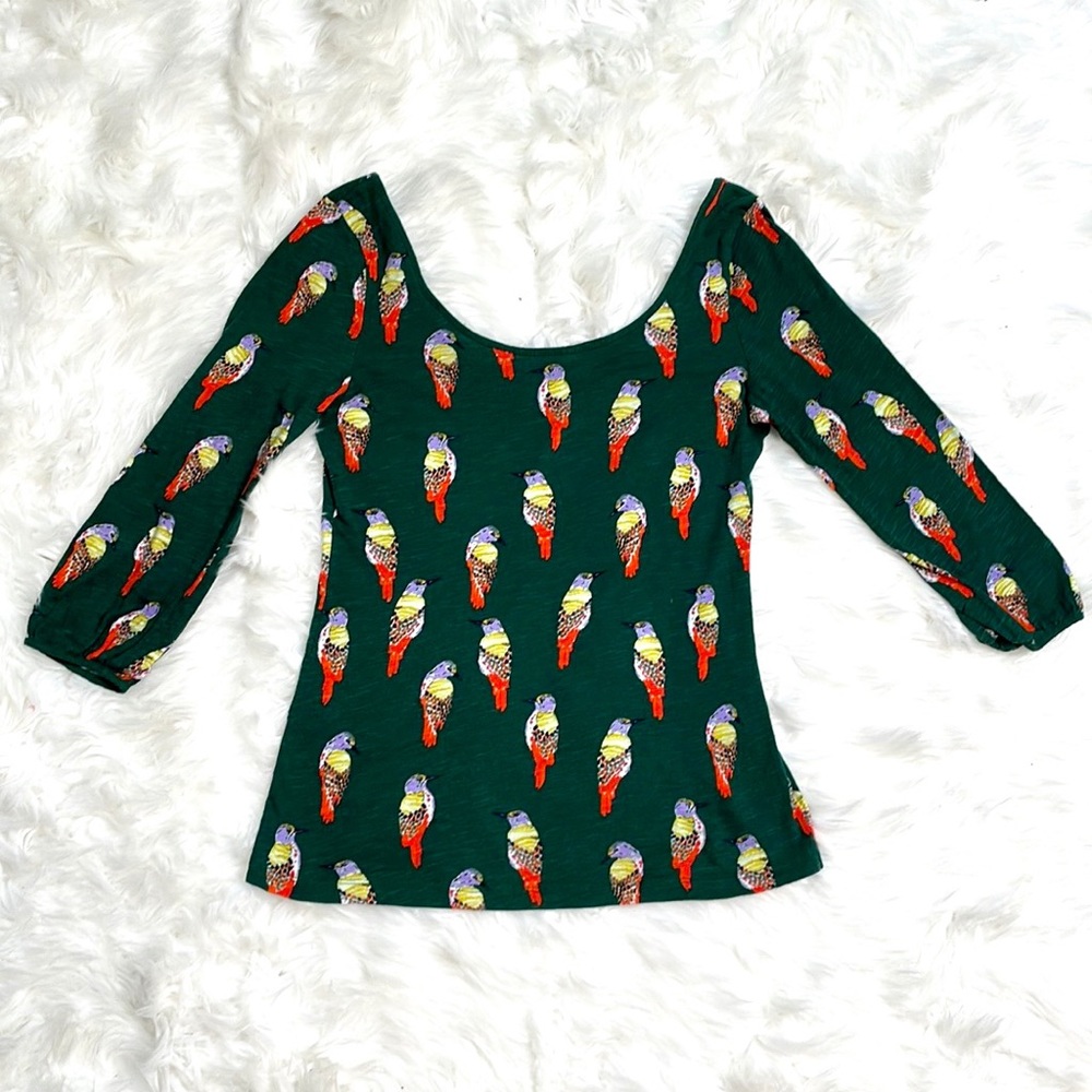 Anthropologie 9-H15 STCL Green Bird Pattern Top